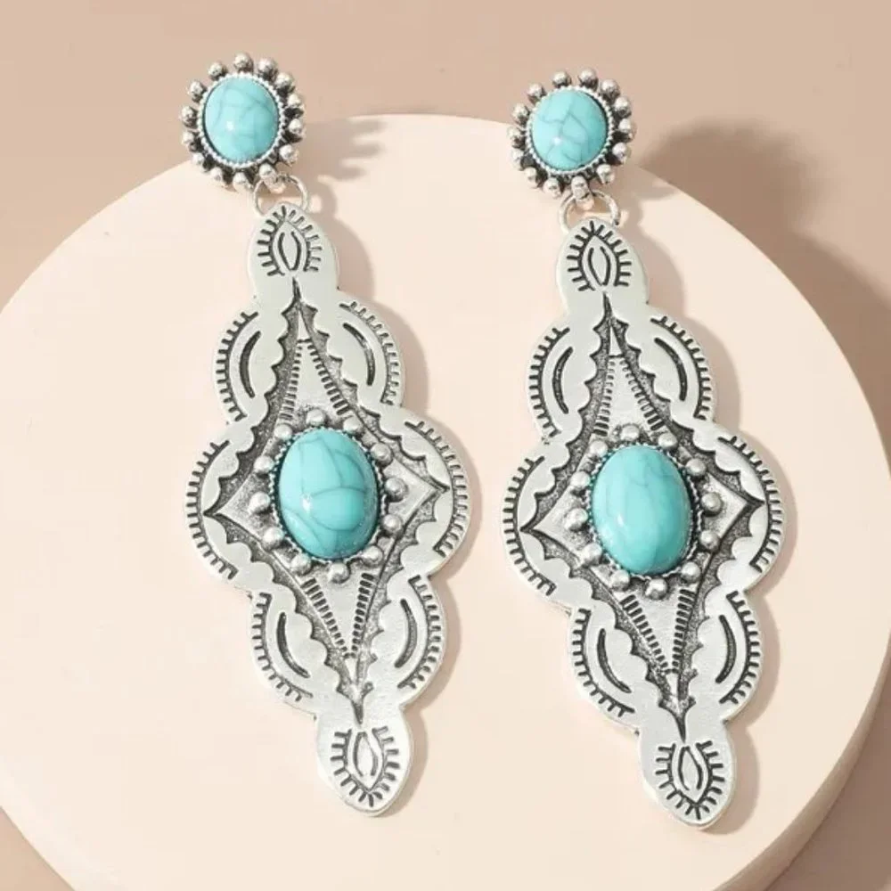 Western Southwestern Boho Cowboy Aged Silver & Turquoise Dangle Earrings NEW - Picture 5 of 5